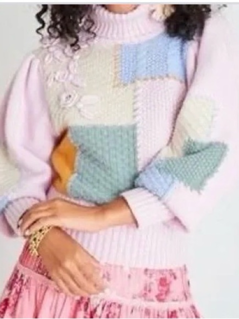 LoveShackFancy Allan Turtleneck Sweater pink patch work cotton blend sz medium